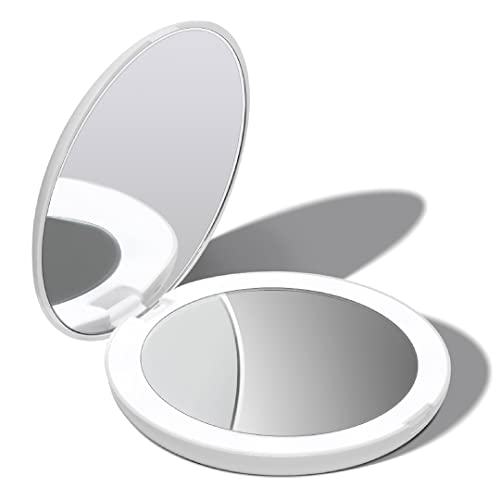 Fancii LED Lighted Travel Makeup Mirror, 1x/10x Magnification - Daylight LED, Compact, Portable, Large 5' Wide Illuminated Folding Mirror (Lumi) Silk White