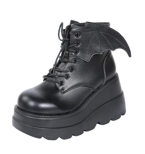 Ritmorro Womens Goth Bat Wings Boots Platform Wedge Heel Lace up Gothic Punk Ankle boots Side Zip Black Motorcycle Combat boots Black 9