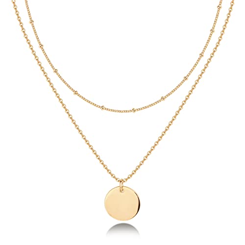 PAVOI 14K Gold Plated Layered Coin Pendant Necklace | Layering Necklaces for Women | Dainty Minimalist Design Pendant (Coin, Yellow Plated)