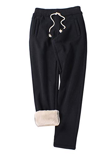 Gihuo Women's Sherpa Lined Sweatpants Winter Warm Fleece Lined Sweatpants with Pockets Fleece Jogger Pants Athletic (2# Black, Medium)