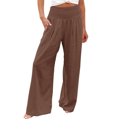 Loose Pants for Women Summer,Lightning Deals of Today Prime,Wide Leg Pants for Women Elastic High Waist Lounge Long Pant with Pocket Cotton Loose Travel Pants Solid Color PantCoffeeLarge