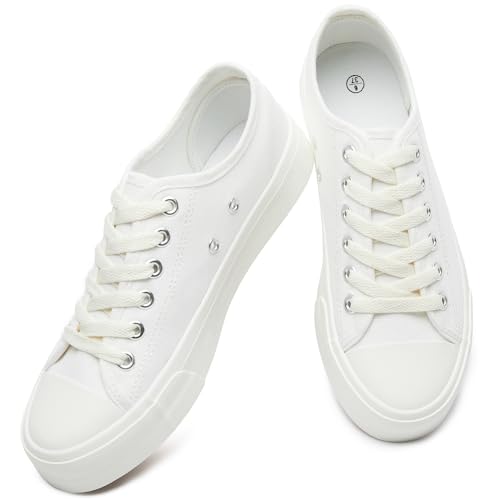 Womens Breathable Canvas Shoes,Lace up Canvas Sneakers for Women,Low Top Fashion Sneakers,Classic Black and White Sneakers(White.US7)