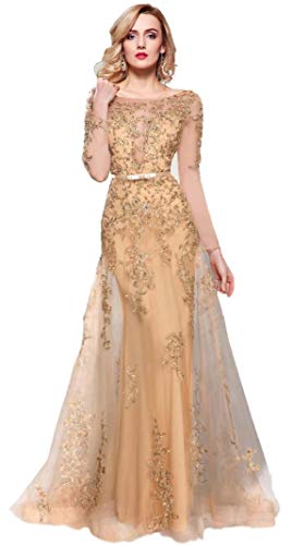 Meier Women's Illusion Long Sleeve Embroidery Prom Formal Dress Gold Size 16