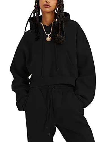 UANEO Women 2 Piece Outfits Sweatsuit Hoodie Sweatshirt Jogger Sets Lounge Tracksuit Set (Black-M)