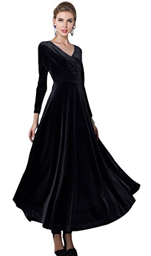 Urban CoCo Women Long Sleeve V-Neck Velvet Stretchy Long Dress (Medium, Black)