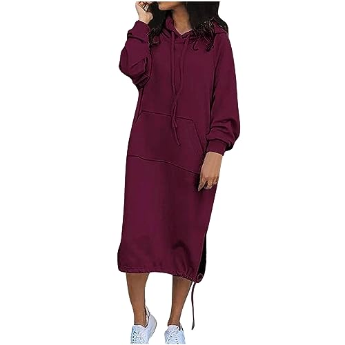 Fall Hoodie Dress for Women Side Slit Pullover Sweatshirt Dress with Kangaroo Pocket 2023 Fall Fashion Wine