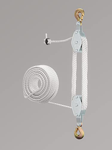 SoB Block and Tackle Pulley System for Lifting Objects - 4000LB Breaking Strength with 65 Feet of 3/8' Rope - 7:1 Lifting Power - Heavy Duty Rope Hoist Pulley System for Garage Warehouse Construction
