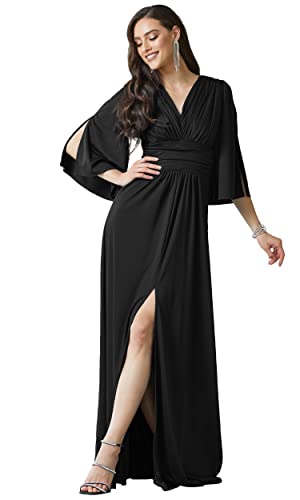 KOH KOH Plus Size Womens Long Bridesmaid Bridal Wedding Party Guest Cocktail Elegant Evening Short Flutter Sleeve Slit Tall V-Neck Dressy Maxi Dress Dresses Gown Gowns, Black XL 14-16