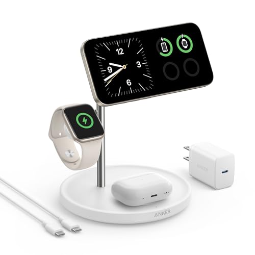 Anker MagSafe-Compatible Wireless Charging Stand, MagGo 3 in 1 Wireless Charging Station, Qi2 Certified 15W Wireless Charger for iPhone 15/15 Pro/14/13/12, Apple Watch, AirPods