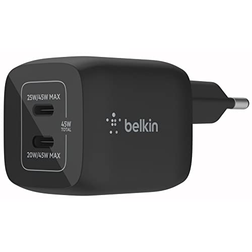 Belkin 45W Dual USB-C Wall Charger, PD 3.0 Fast Charging with GaN Technology for iPhone 14, 13, 12, Pro, Pro Max, iPad Pro 12.9, 11, MacBook, Galaxy S23, S23+, Ultra, Tab and More