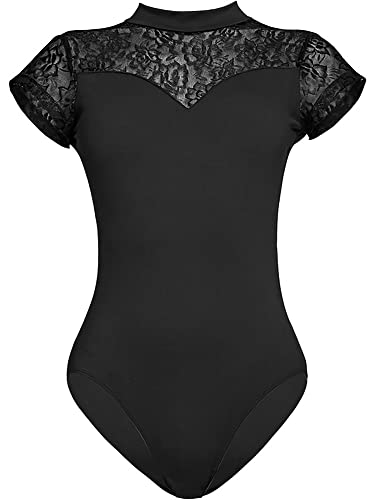 YCMI Women Dance Leotards Lace Turtleneck Ballet Bodysuit Short-Sleeve Dance-Gymnastics Yoga-Leotards Small