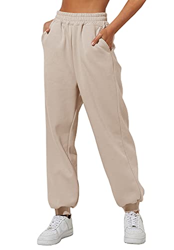 Yovela Womens Khaki Pants Comfy Girls Sweatpants Oversized Comfy Cotton High Waist Tan Joggers with Pockets