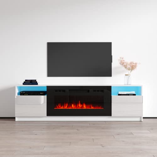 MEBLE FURNITURE & RUGS York 02 Fireplace TV Stand for TVs up to 90', Modern High Gloss 79' Entertainment Center, Electric Fireplace TV Media Console with Storage Cabinets and LED Lights