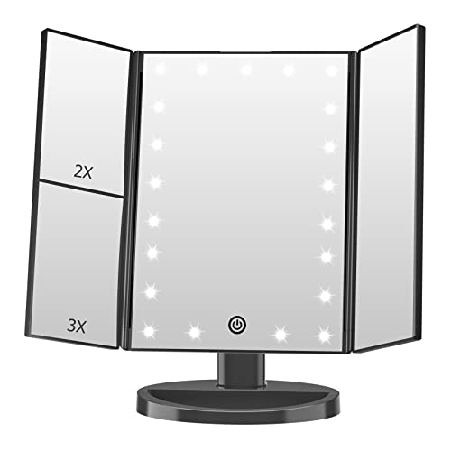 FASCINATE Lighted Makeup Mirror, 21 Bright LED Lights, 3x/2x/1x Magnifying Trifold LED Vanity Mirror, Touch Control Dimmable Brightness,180 ° Rotaion (Black)