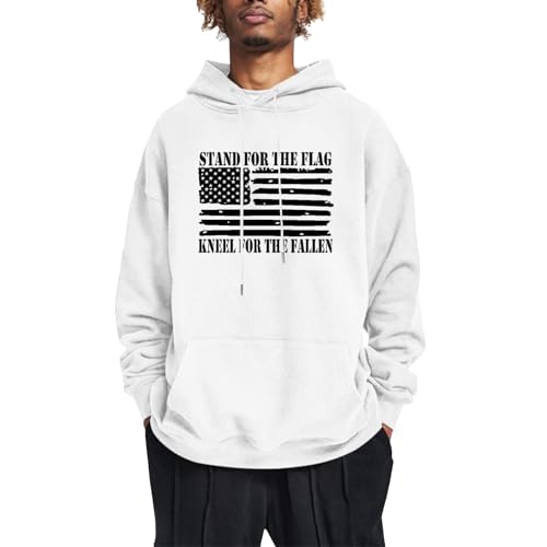 DYGUYTH Mens Pullover Sweatshirts Hoodies,USA Flag Patriotic Graphic Hoodies Oversized Sweatshirts Drawstring Casual Long Sleeve Pocket Hooded Pullover White 3XL