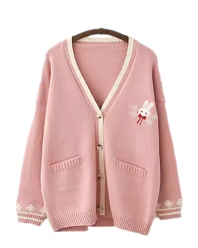 GK-O Mori Girl Kawaii Rabbit Japan JK Uniform Knit Cardigan Sweater Girl School Cosplay Sweater Vneck Long Sleeve (Pink)