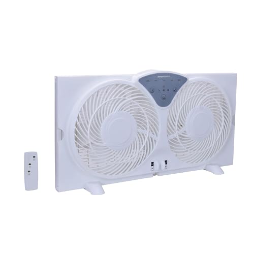 Amazon Basics Digital Window Fan with Twin 9 Inch Reversible Airflow Blades and Remote Control, White