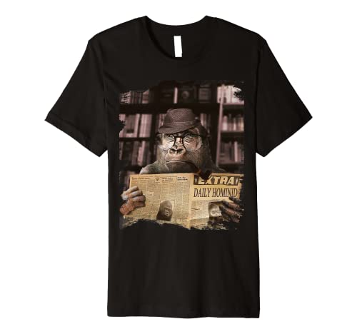 Ape Apes Chimp Chimpanzee Wearing Glasses Reading Newspaper Premium T-Shirt