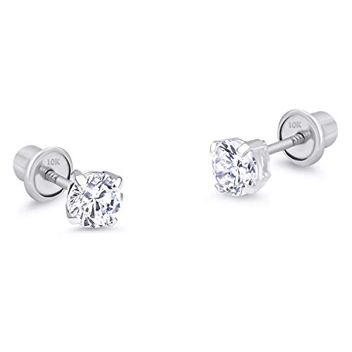 10k White Gold 3mm Basket Round CZ Cubic Zirconia Solitaire Children Screw Back Baby Girls Earrings