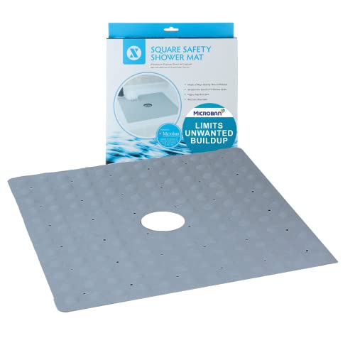 SlipX Solutions Microban-Infused Rubber Shower Mat, 21' x 21' | Anti-Slip Square Bath Mat w/ 140 Power Grip Suction Cups | Gray