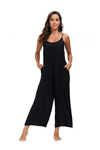 wexcen Womens Floral Printed Jumpsuits Casual Sleeveless Spaghetti Strap Rompers Wide Leg Pants with Two Pockets (Pure Black, XXL)
