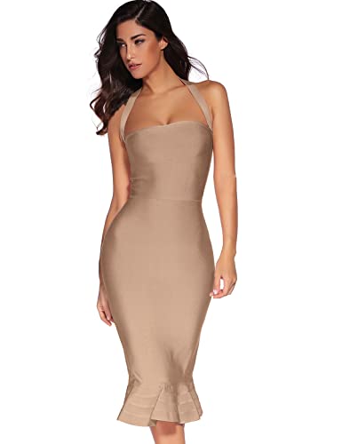 Womens Halter Fishtail Bandage Party Dress Elegant Wedding Guest Dress(tan,L)