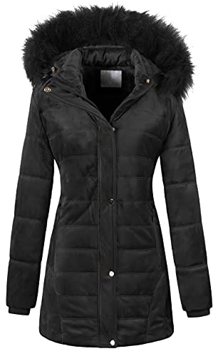 Chrisuno Women's Hooded Warm Winter Faux Fur Thicken Fleece Parkas Long Sherpa Coat M Black