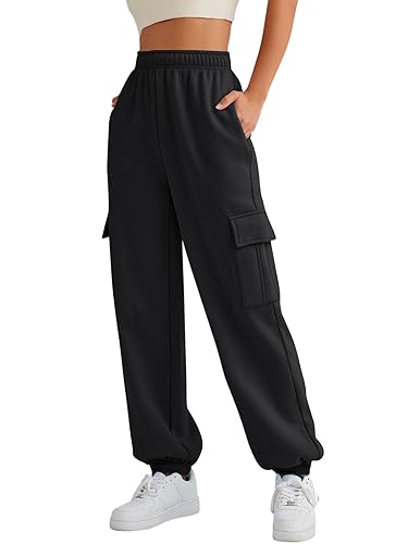 AUTOMET Womens Casual Sweatpants Fleece Wide Leg Cotton Trousers Y2K Baggy Elastic Parachute Loose Fit Joggers Black