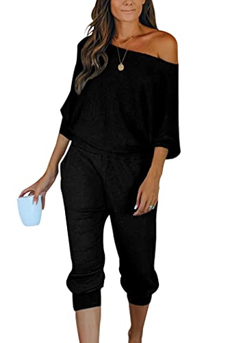 PRETTYGARDEN Women's 2 Piece Ribbed Tracksuit Outfits Off Shoulder Long Sleeve Pullover Long Pants with Pockets (Black,X-Large)