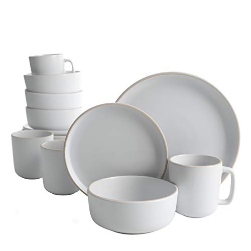 Gibson Home Zuma 16 Piece Round Kitchen Dinnerware Set, Dishes, Plates, Bowls, Mugs, Service for 4, Matte Stoneware, White