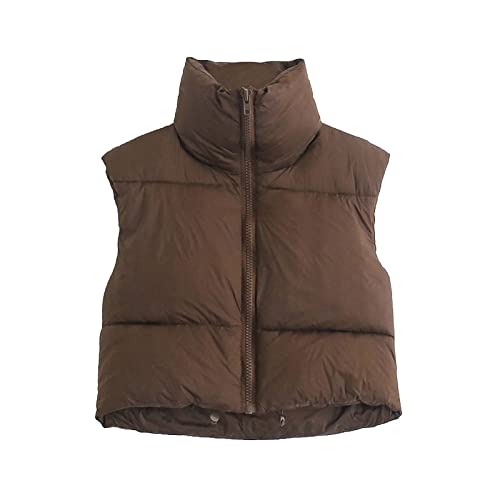 Women's Cropped Puffer Vest Jacket Sleeveless Winter High Stand Collar Lightweight Vest for Women with Zip Gilet,women's outerwear vests (Brown-4，Large)