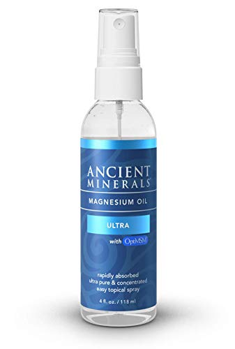 Ancient Minerals Magnesium Oil Spray Ultra with MSM, high Concentration Topical Genuine Zechstein Magnesium Chloride with OptiMSM Benefits (4oz)