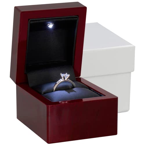 Noble Cherry Ring Box with Light - Unique LED Engagement Ring Box for Proposal Ring or Special Occasions (Mahogany/Black Insert)