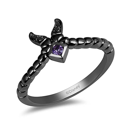 Jewelili Enchanted Disney Fine Jewelry Black Rhodium Over Sterling Silver 2MM Round Amethyst and Heat Treated Black Diamond Accent Maleficent Villain Ring Size 5