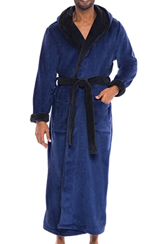 Alexander Del Rossa Men's Warm Fleece Robe with Hood, Big and Tall Bathrobe, XL Navy Blue with Black (A0125NBBXL)
