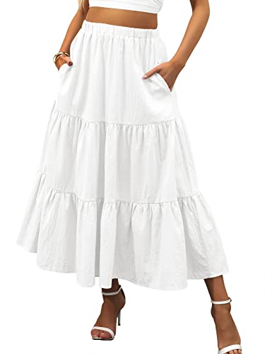 ANRABESS Women Cotton Pleated A Line Maxi Skirt Elastic Waist White Ruffle Tiered Long Skirt with Pockets 495baise-M