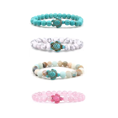 Pingyongchang 4pcs Sea Turtle Beads Tracking Bracelet,Elastic Natural Stone Stretch Lava Bracelet Anklet,Supports the Sea Turtle Conservancy,Friendship Couple Turquoise Bracelets
