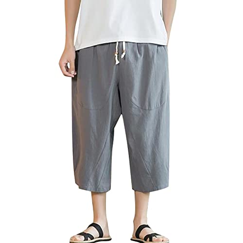 Men Cotton Linen Capri Pants Baggy Harem Pants Drawstring Yoga Beach Pants Peach Color Shorts Men