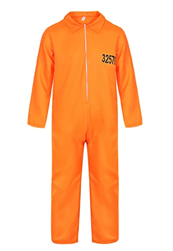 Famajia Prisoner Jumpsuit for Adult Jailbird Costume Orange Prison Inmate Jail Criminal Halloween Costume Large