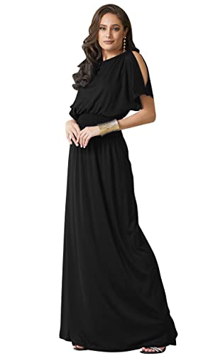 KOH KOH Plus Size Womens Long Flowy Short Sexy Slit Sleeve Casual Summer Modest Full Floor Length Boat Neck Soft Tall Mother Bride Groom Maxi Dress Dresses Gown Gowns, Black XL 14-16