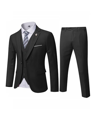 MYS Men's 3 Piece Slim Fit Suit Set, One Button Solid Jacket Vest Pants with Tie Black