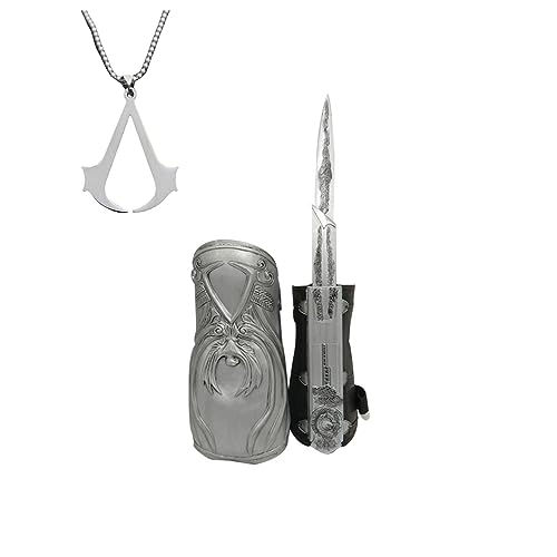 ZOUTYI Silver Hidden Blade Gauntlet Replica Assassin's Gloves Brotherhood Ezio Cosplay Weapons Props 1:1 Sleeves Sword +Two Assassin Necklace
