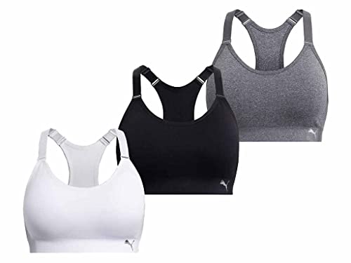 PUMA Women Sports Bra, 3-Pack (Black/White/Grey, X-Large)