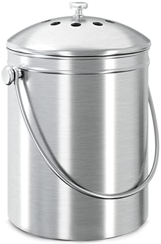 Utopia Kitchen Compost Bin for Kitchen Countertop - 1.3 Gallon Compost Bucket for Kitchen with Lid - includes 1 Spare Charcoal Filter (Silver)