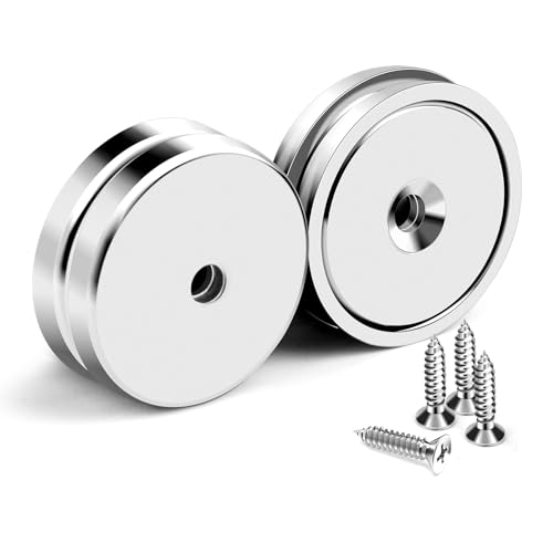 DIYMAG Neodymium Round Base Cup Magnet,100LBS Strong Rare Earth Magnets with Heavy Duty Countersunk Hole and Stainless Screws for Refrigerator Magnets,Office,Craft,etc-1.26 x 0.2 inch- 4 Pack