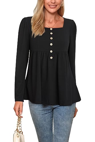LAISHEN 2023 Womens Square Neck Tops Long Sleeve Shirts Fall Button Down Blouses Dressy Casual Black