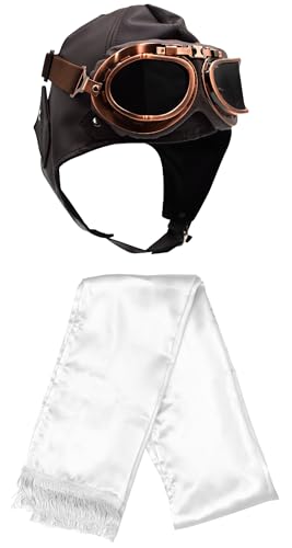 Nicky Bigs Novelties Adult Deluxe Brown Vinyl Vintage Pilot Aviator Helmet Goggles and Scarf Costume Set