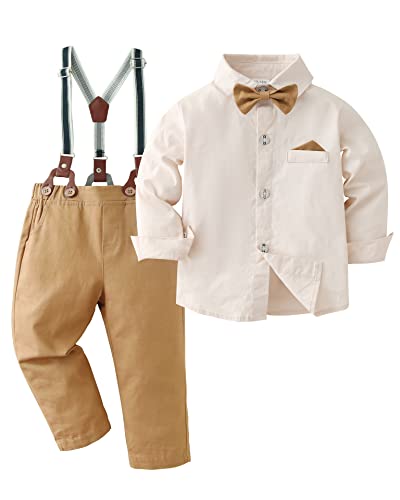 DISAUR Baby Boy Clothes Suits, Toddler Dress Shirt With Bowtie + Suspender Pants Outfit Sets Gentleman Wedding 1-6 Years (Beige,18-24 months)
