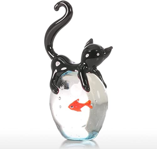 Too-arts Cat and Goldfish Sculpture Glass Ornament Cat Figurine Hand Blown Black & Red
