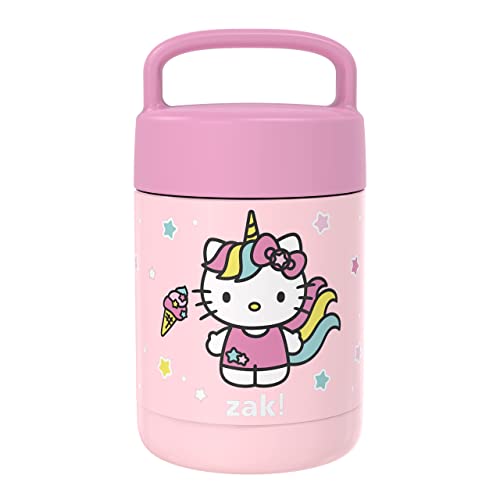 Zak Designs Hello Kitty Kids' Vacuum Insulated Stainless Steel Food Jar with Carry Handle, Thermal Container for Travel Meals and Lunch On the Go (12 oz, 18/8 SS)